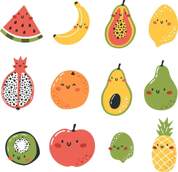 向量集的斯堪的纳维亚风格 可爱的微笑水果与脸 苹果香蕉 猕猴桃 猕猴桃 番木瓜 矢量说明 — 图库矢量图片
