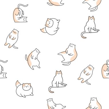 Komik kedilerle kusursuz vektör deseni. Lineer stil kedi yavruları, komik ve eğlenceli, bej benekli. Vektör illüstrasyonu