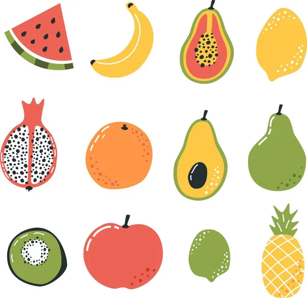 stock vector Vector set in Scandinavian style. Apple banana kiwi lemon lime kiwi watermelon orange avocado pear lime pineapple pitahaya papaya.