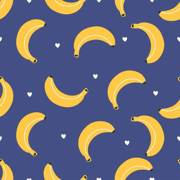 Nahtloses Vektormuster Leuchtend Gelbe Bananen Schwarze Herzen Blauer Hintergrund Vektorillustration — Stockvektor