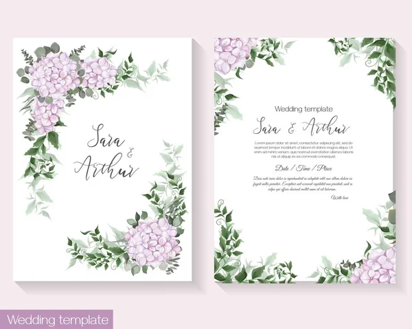 Floral Vector Template Invitations Wedding Other Celebration Pink Hydrangea Eucalyptus — Stock Vector