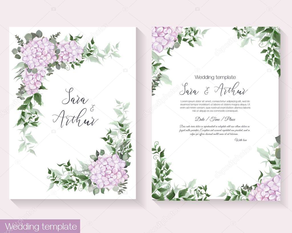 Floral vector template for invitations for wedding or other celebration. Pink hydrangea, eucalyptus, different plants and leaves. . Vector illustration