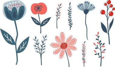 İskandinav tarzında çiçek ve bitki seti. Karalama tarzı baskın geçmişi olan bitkiler. Vektör illüstrasyonu