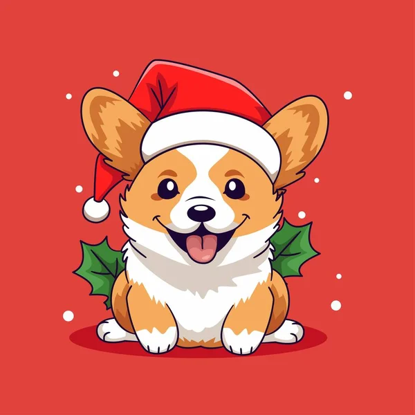 Nette Vektorillustration Kawaii Stil Niedlicher Corgi Hund Sitzt Weihnachtsmütze Des — Stockvektor