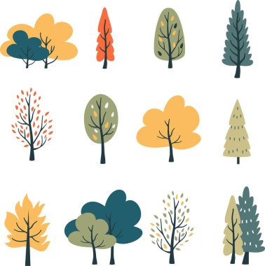 İskandinav tarzında vektör ağaçları. Sonbahar ağaçları ve beyaz arka planda Noel ağaçları. Basit vektör çizimi. Vektör illüstrasyonu