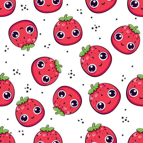 Nahtloses Vektormuster Kawaii Stil Niedliche Erdbeeren Mit Großen Augen Auf — Stockvektor