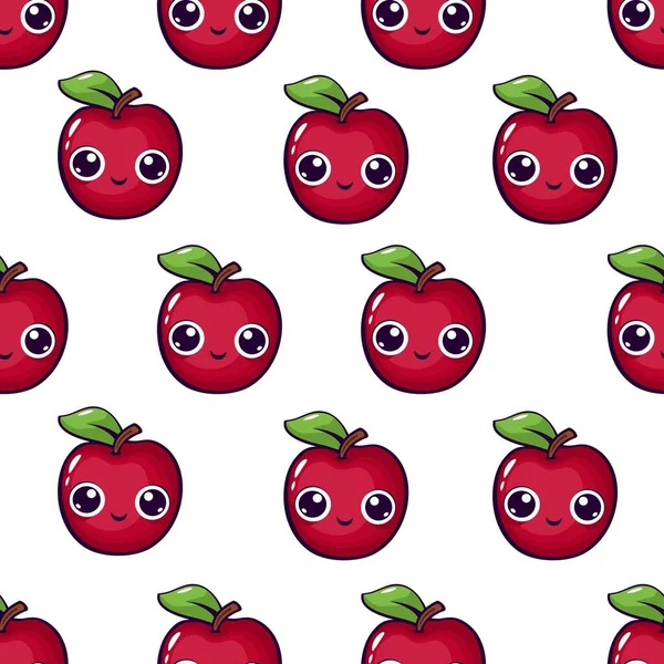 Nahtloses Vektormuster Kawaii Stil Niedliche Rote Äpfel Mit Großen Augen — Stockvektor