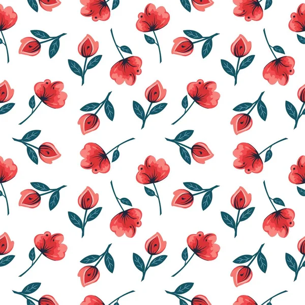 Nahtloses Vektormuster Saftige Rote Blumen Skandinavischen Stil Naive Kunst Muster — Stockvektor