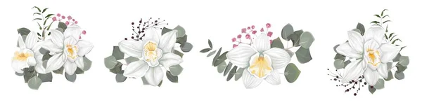 Beyaz Arka Planda Çiçeklerin Bitkilerin Vektör Bileşimi Beyaz Orkideler Pembe — Stok Vektör