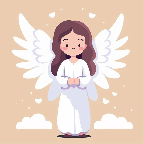 Flat Vector Childrens Illustration Cute Angel Wings Clouds Hearts Cartoon — Stock Vector