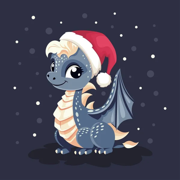 暗い色のベクトル新年カード 2024年のかわいい龍のシンボル サンタクロースのクリスマスの帽子をかぶってかわいい種類のドラゴン ベクターイラスト — ストックベクタ