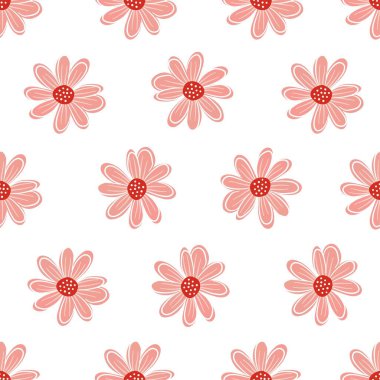 Kusursuz vektör deseni. Beyaz arka planda İskandinav tarzında şirin papatyalar. Vektör illüstrasyonu