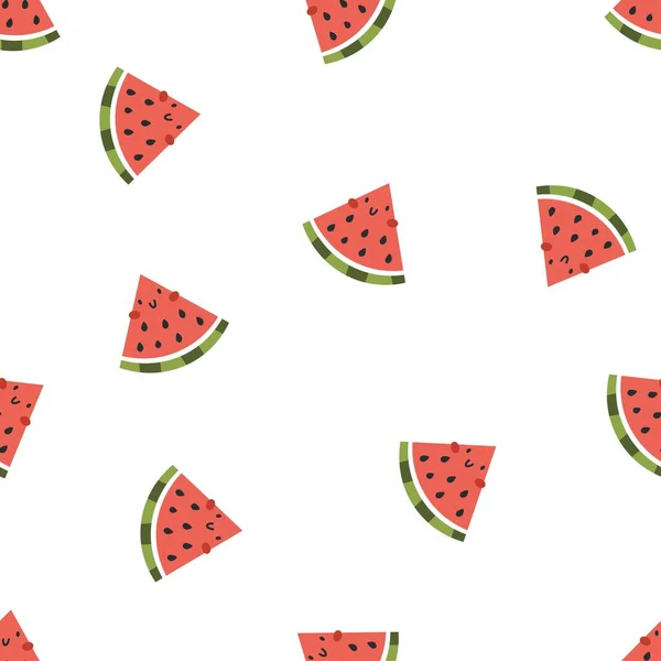 Nahtloses Vektormuster Wassermelonenscheiben Mit Gesichtern Kawaii Stil Muster Auf Weißem — Stockvektor