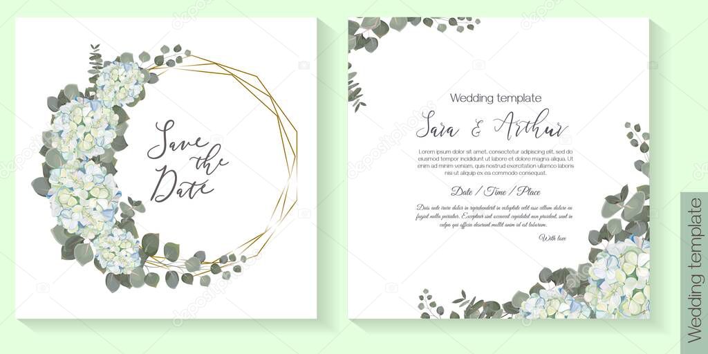 Floral design for wedding invitation. Gold frame in the shape of a crystal, white and blue hydrangea, green plants, eucalyptus. Vector illustration