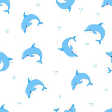 Seamless vector pattern on white background. Cute blue dolphins and water bubbles . Vector illustration clipart