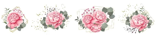 Coleção Vector Floral Pedónias Cor Rosa Eucalipto Brilho Lantejoulas Formas — Vetor de Stock