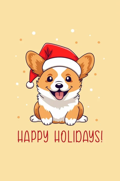 新年卡片矢量模板 可爱的科吉小狗戴着圣诞老人的帽子 祝您新年快乐 矢量说明 — 图库矢量图片