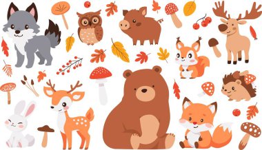 Collection of flat vector illustrations on white background. Autumn illustration, forest animals, mushrooms leaves. Bear deer hare wolf owl squirrel fox elk hedgehog wild boar. Vector illustration clipart