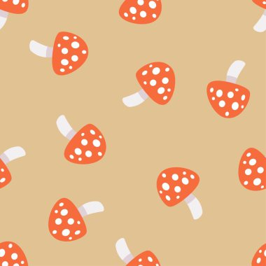 Kusursuz vektör deseni. Bej arka planda şirin sinek mantarları. Vektör illüstrasyonu