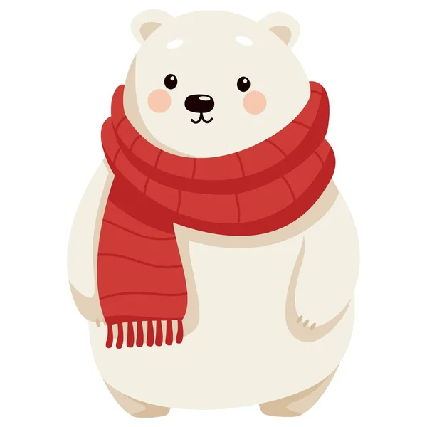 Flat Vector New Year Vector Illustration Cute White Bear Red — Stock Vector