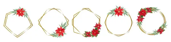 クリスマスデザインのためのベクターフレームのセット 異なる形 緑の葉 ポインセチアの花のゴールデンフレーム ベクトルイラスト — ストックベクタ