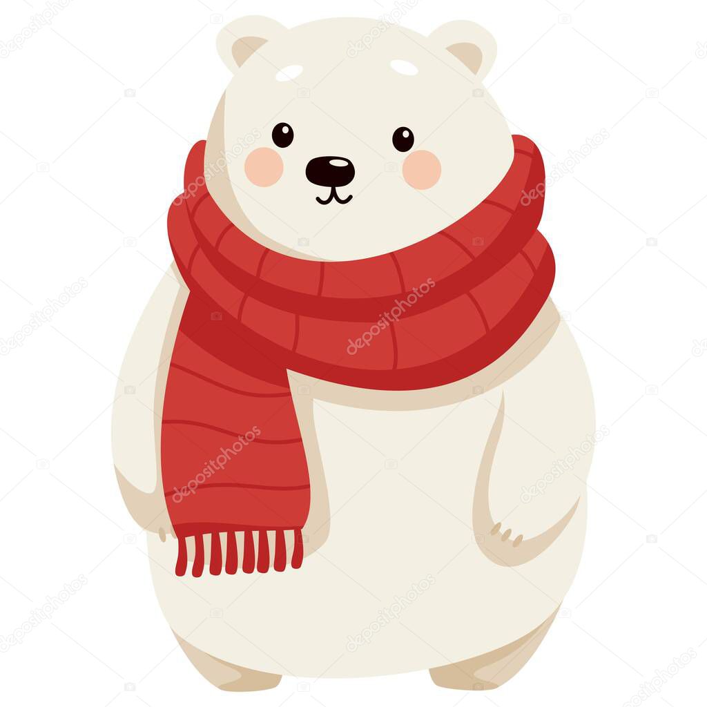 Flat vector new year vector illustration. Cute white bear in red scarf . Vector illustration