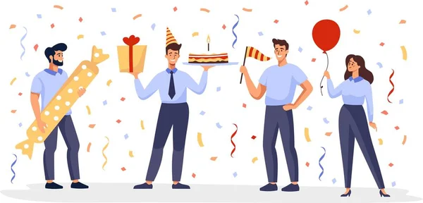 フラットベクトルイラスト 誕生日や他の休日を祝うオフィス服の人々のグループ ケーキ プレゼント そしてセクシー ベクトルイラスト — ストックベクタ