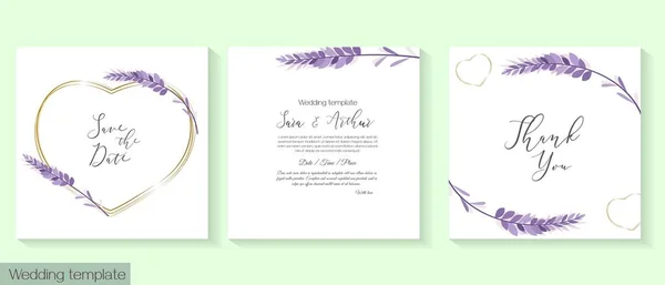 Vektorflorale Vorlage Für Hochzeitseinladungen Zarter Lavendel Goldene Rahmen Vektorillustration — Stockvektor