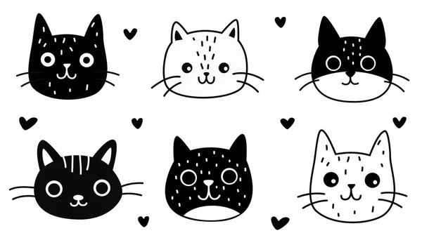 Set Cute Vector Illustrations Cute Faces Kittens Black White Colors — Stock Vector