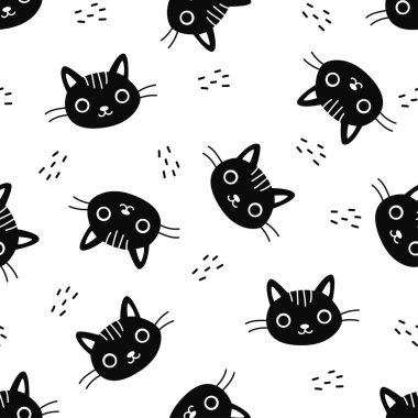 Kusursuz vektör deseni. Siyah ve beyaz renkli kedilerin sevimli yüzleri. Çocuk ürünlerini bastırmak için komik kediler. Vektör illüstrasyonu