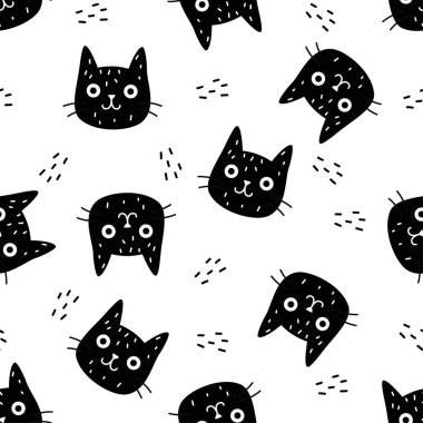 Kusursuz vektör deseni. Siyah ve beyaz renkli kedilerin sevimli yüzleri. Çocuk ürünlerini bastırmak için komik kediler. Vektör illüstrasyonu
