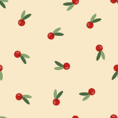 Vektör Yeni Yıl modeli. Yeni yıl meyveleri, ocak, kırmızı böğürtlen, yeşil yapraklar, bej arka plan. Vektör illüstrasyonu