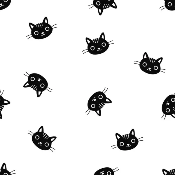 Naadloos Vectorpatroon Leuke Gezichten Van Katten Zwart Witte Kleuren Grappige — Stockvector