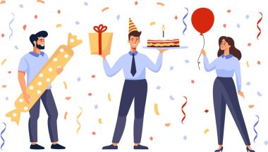 Düz vektör çizimi. Ofis kıyafetleri içinde bir grup insan doğum gününü ya da başka bir bayramı kutluyor. Pasta, hediyeler ve konfeti. Vektör illüstrasyonu
