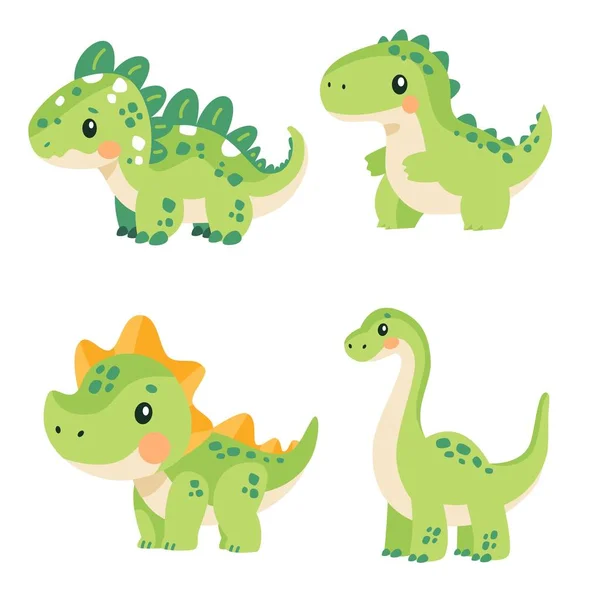 Conjunto Ilustraciones Super Lindo Vector Niños Lindos Dinosaurios Verdes Sobre — Vector de stock