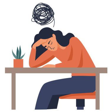 Düz vektör çizimi. Masada kafasını tutarak oturan bir kız. Depresyon, tükenme, doğum sonrası depresyon, kafa bulanıklığı. Vektör illüstrasyonu