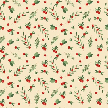 Vektör Yeni Yıl modeli. Yeni yıl meyveleri, ocak, kırmızı böğürtlen, yeşil yapraklar, bej arka plan. Vektör illüstrasyonu