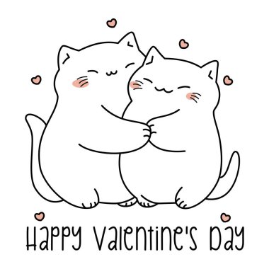 Sevgililer Günü Kart Şablonu. İki sevimli kedi kucaklaşıyor, kalpleri etrafında. Kawaii tarzında kedi yavrularını sevmek, Sevgililer Günü yazıtları. Vektör illüstrasyonu