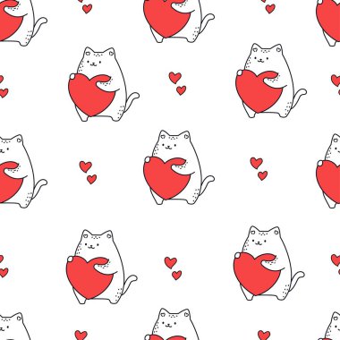 Sevgililer Günü için kusursuz vektör deseni. Sevimli şişman kedi bir kalbe sarılıyor, karalama tarzı. Vektör illüstrasyonu