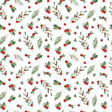 Vektör Yeni Yıl modeli. Yeni yıl meyveleri, ocak, kırmızı böğürtlen, yeşil yapraklar, beyaz arka plan. Vektör illüstrasyonu