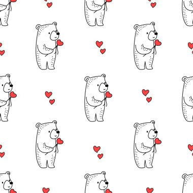Kusursuz vektör deseni. Kalpleri ellerinde tutan sevimli ayılar. Sevgililer Günü modeli. Vektör illüstrasyonu