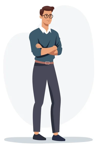 stock vector Flat vector illustration. A man with glasses stands with his arms crossed over his chest. . Vector illustration