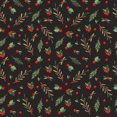 Vektör Yeni Yıl modeli. Yeni yıl meyveleri, ocak, kırmızı böğürtlen, yeşil yapraklar, koyu arkaplan. Vektör illüstrasyonu