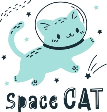 Karalama tarzında vektör illüstrasyonu. Kedi yıldızların arasında uzayda uçar, yazılı uzay kedisi. Vektör illüstrasyonu