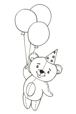 Çizgi biçiminde vektör çizgisi çizimi. Şenlik şapkalı şirin ayı balonlarla uçuyor. Elle çizilmiş çocuk resimleri. Vektör illüstrasyonu