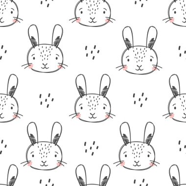 Karalama stilinde kusursuz vektör deseni. Elle çizilmiş şirin tavşan yüzleri. Vektör illüstrasyonu