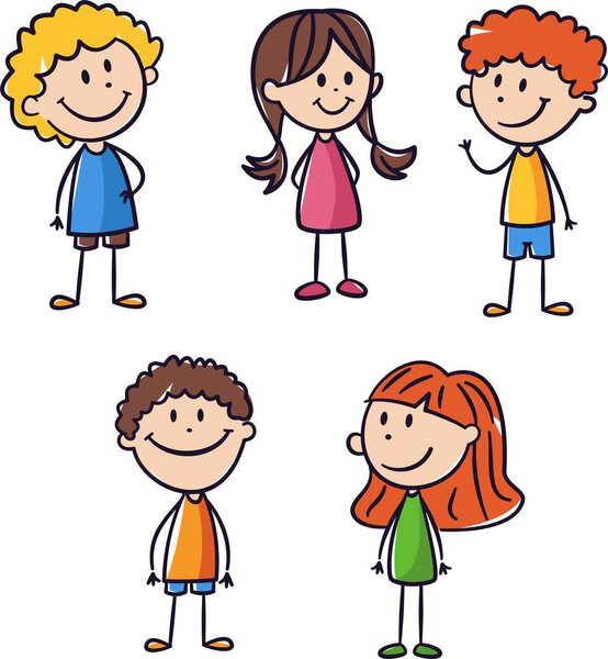 Vector childrens illustration. Cute people drawn by childs hand. Boys and girls drawn with felt-tip pen. Vector illustration