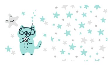 Çocuk ürünlerini yazdırmak için vektör ayarlandı. Denizyıldızı tutan sevimli kedi dalgıcı. Gri-mavi renklerde ve deniz yıldızlı kusursuz vektör deseni. Vektör illüstrasyonu