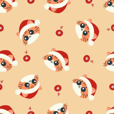 Kusursuz Noel şablonu. Noel Baba şapkalı büyük gözlü sevimli kedi yüzleri, Noel ağacı topları, bej arka plan. Vektör illüstrasyonu