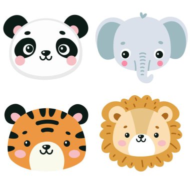 Farklı hayvanların şirin vektör yüzleri. Kaplan, aslan, fil ve panda. - Evet. Vektör illüstrasyonu